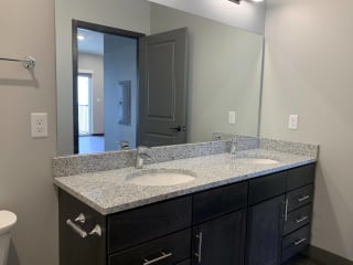 Bathroom with dark brown double vanity with storage and large mirror