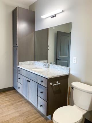Bathroom features vanity and large cabinet for storage