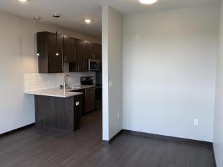 Wood style floors in combined living and sleeping area in Zen floorplan at Haven at Uptown