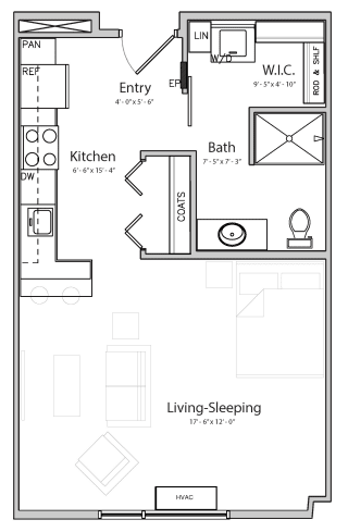 Harmony Floorplan Harmony (A5) studio one bathroom at Haven at Uptown