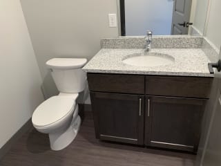 Bathroom with dark brown vanity and large mirror