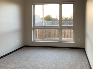 Carpeted bedroom with large floor to ceiling window