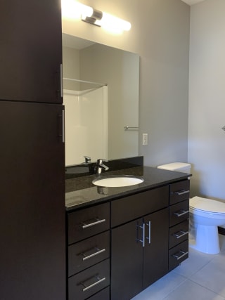 Bathroom with dark brown vanity and linen cabinet for storage and large mirror