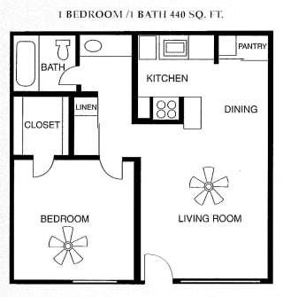 1 Bed 1 Bath 440 square feet floor plan