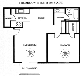 1 Bed 1 Bath 605 square feet floor plan