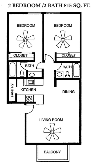 2 Bed 2 Bath 815 square feet floor plan