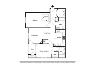 2 Bed - 2 Bath |1107 sq ft 2x2 D floor plan