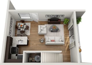2 Bed 1 Bath 949 square feet floor plan 3d furnished Downstairs