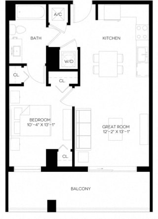 1 Bed 1 Bath 654 square feet floor plan A4