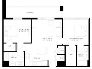 2 Bed 2 Bath 955 square feet floor plan B