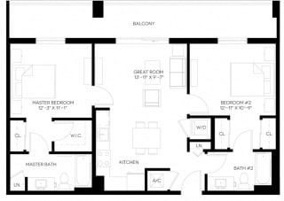 2 Bed 2 Bath 952 square feet floor plan B1