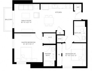 2 Bed 2 Bath 973 square feet floor plan B6
