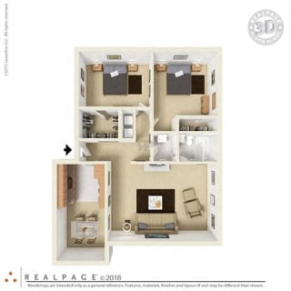 2 Bed, 1 Bath, 865 square feet floor plan 3d