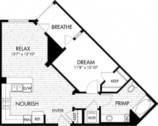 1 bed 1 Bath 711 square feet floor plan A1