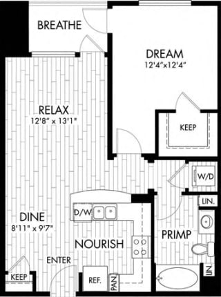 1 bed  1 Bath 785 square feet floor plan A5