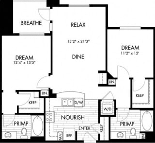 2 bed  2 Bath 1078 square feet floor plan B3