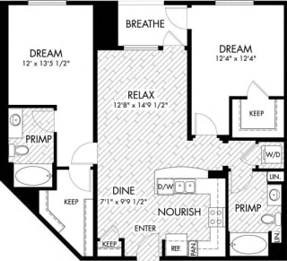 2 bed  2 Bath 1134 square feet floor plan B6