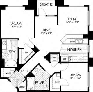 2 bed 2 Bath 1141 square feet floor plan B7