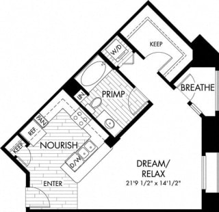 Studio 1 Bath 627 square feet floor plan S3