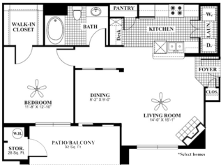 1 bed 1 Bath 820 square feet serenity floor plan