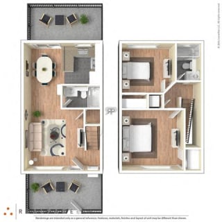 2 Bed, 2 Bath, 940 square feet floor plan 3d furnished