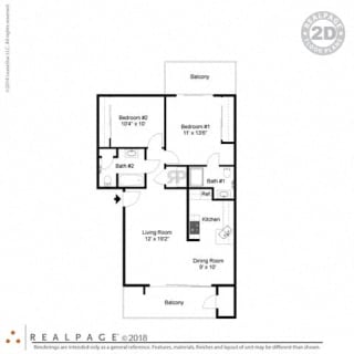 2 Bed, 2 Bath, 995 square feet floor plan