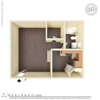 1 Bed, 1 Bath, 414 square feet floor plan Studio 3d