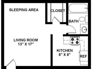 1 Bed, 1 Bath, 414 square feet floor plan 2 Studio