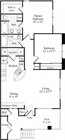 2 Bed 2 Bath 1001 square feet floor plan Plan A