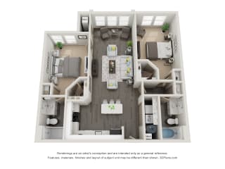 2 Bed 2 Bath 1142 square feet floor plan Sladko 3d furnished