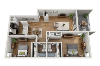 2 Bed 2 Bath 1050 square feet 3d furnished floor plan with Porch/Patio, Washer and Dryer