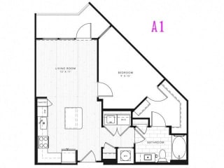 A1 1 Bed 1 Bath 726 square feet floor plan