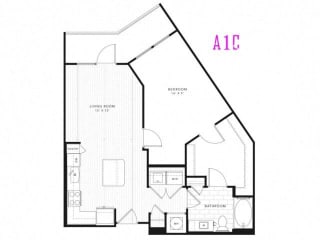 A1C 1 Bed 1 Bath 817 square feet floor plan