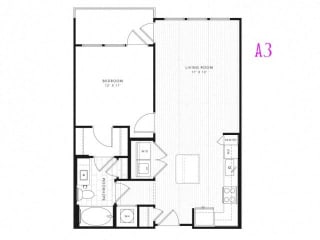 A3 1 Bed 1 Bath 740 square feet floor plan