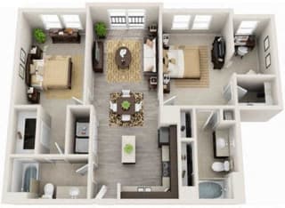 2 Bed -2 Bath 1135 square feet 3d furnished floor plan Forsyth