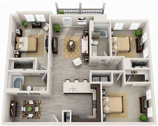 3 Bed 2 Bath 1378 square feet 3d furnished floor plan Madison