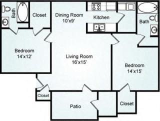 THE WILLOW Floorplan The Willow, 2 Bed, 2 Bath, 1150 sq. ft.