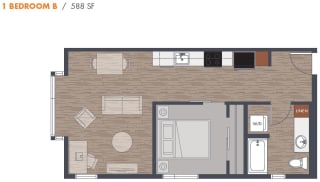 588sf One Bedroom Floorplan