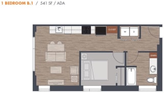 541sf One Bedroom B1 Floorplan