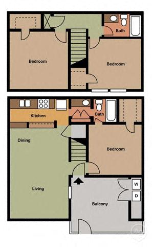 3 Bed - 2 Bath |1222 sq ft Three Bedroom Townhome floorplan