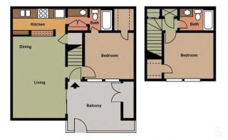 2 Bed - 2 Bath |986 sq ft Two Bedroom Townhome floorplan