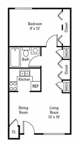 1 Bedroom 1 Bath - A, 590 sq. ft.