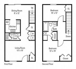 2 Bedroom 1.5 Bath Townhome, 1149-1151 sq. ft.