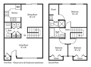 3 Bedroom 2.5 Bath Townhome, 1375 sq. ft.