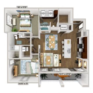 2 Bed 2 Bath 1229 square feet floor plan B3