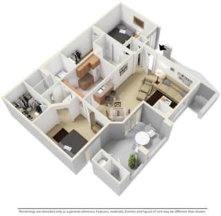 2 Bed - 2 Bath |1040 sq ft Two Bedroom floorplan