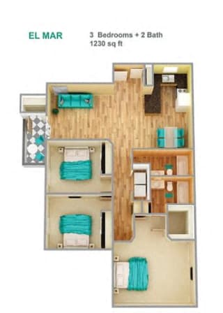 3 Bed, 2 Bath, 1230 sq. ft. El Mar floor plan