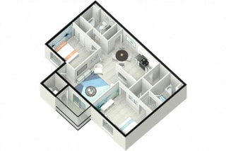 2 Bed 2 Bath 947 square feet floor plan 3d furnished THE AVENUE