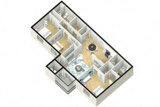 3 Bed 2 Bath 1182 square feet 3d furnished floor plan THE MARKET