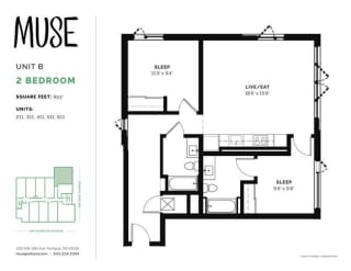 2 Bed, 2 Bath, 993 sq. ft. Unit B floor plan